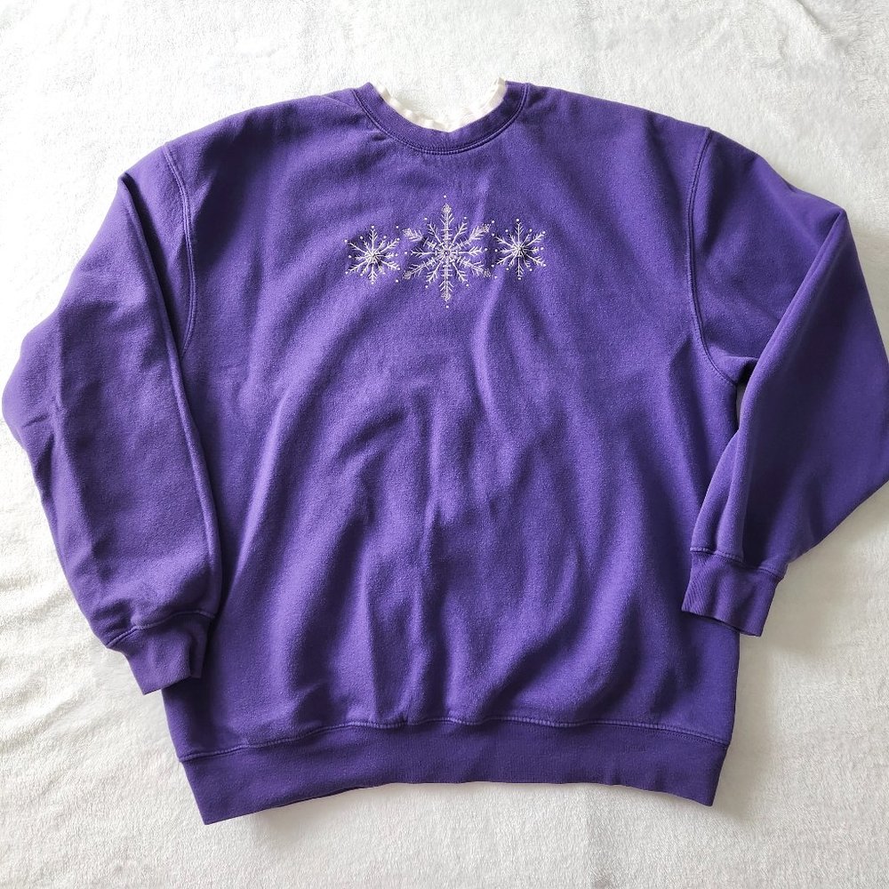 Vintage 90s Purple‎ Snowflake Sweatshirt Rhinestone Layered Look Embroidered XL